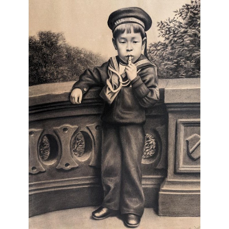 画像3: 明治写実画 「水平帽の子ども(仮題)」 諫山麗吉 鉛筆・水彩 52×41cm