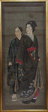 明治写実画　特大額入り「婦人と下僕」（仮題）121×49