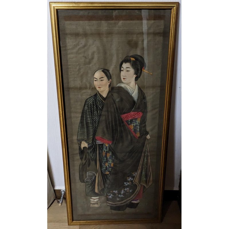 画像2: 明治写実画　特大額入り「婦人と下僕」（仮題）121×49