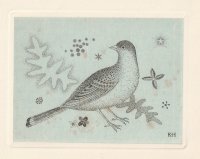 長谷川潔・自筆年賀状　版画　「鳥、葉、花」　ビュラン　1957年　玲風書房カタログレゾネNo.623