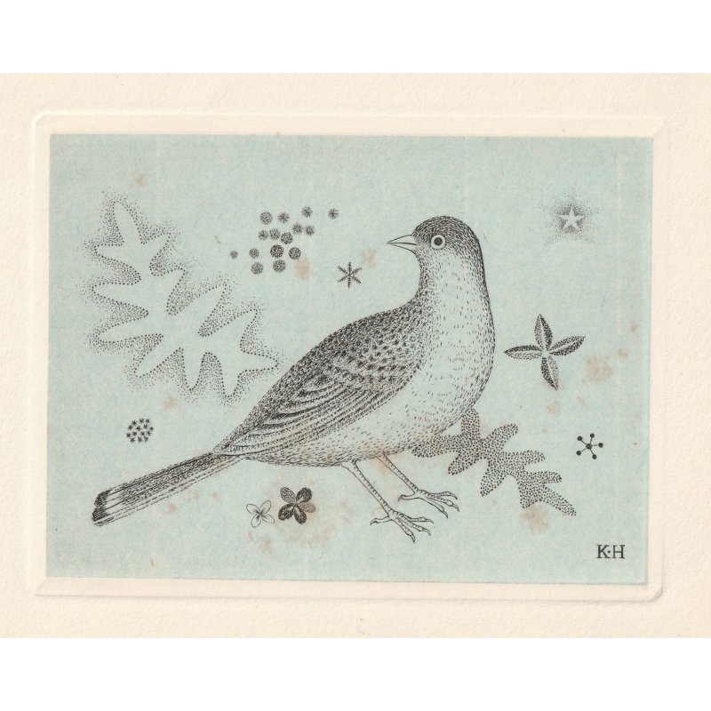 画像1: 長谷川潔・自筆年賀状　版画　「鳥、葉、花」　ビュラン　1957年　玲風書房カタログレゾネNo.623